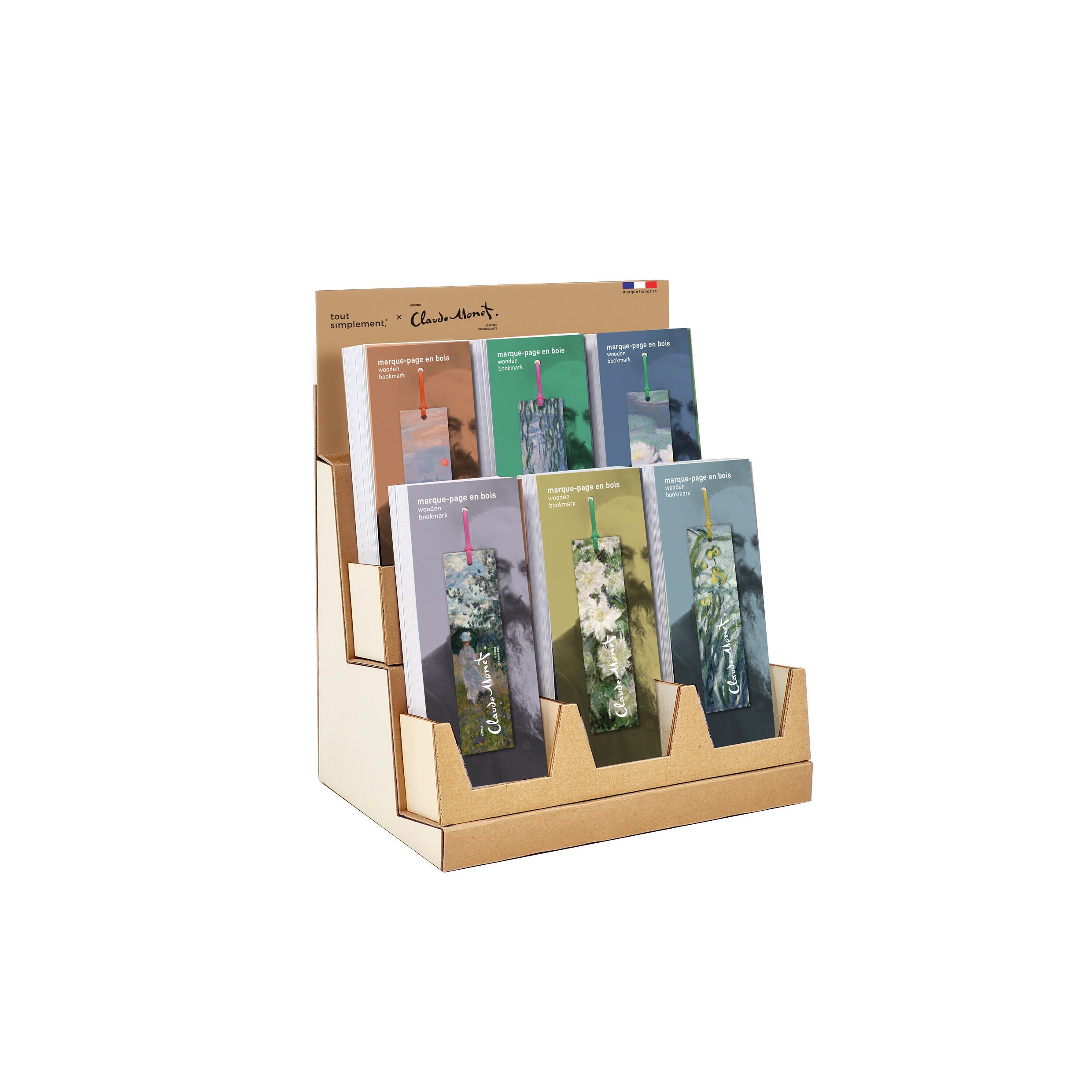 Display stand full of 72 wooden bookmarks, featuring the works of Claude Monet