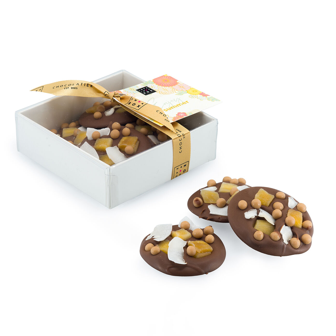 Chocolate Mendiants Mango Coconut Caramel - luxury handmade milk mendiants with mango, coconut and caramel.