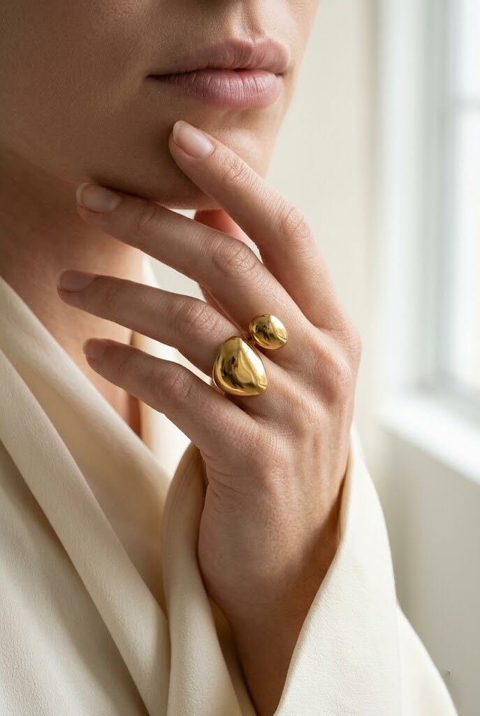 Open gold ring with a modern sculptural geometric shape