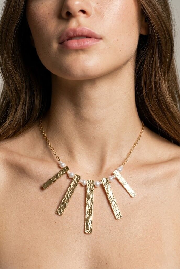 Elegant Gold Necklace with Hammered Stainless Steel Tassels