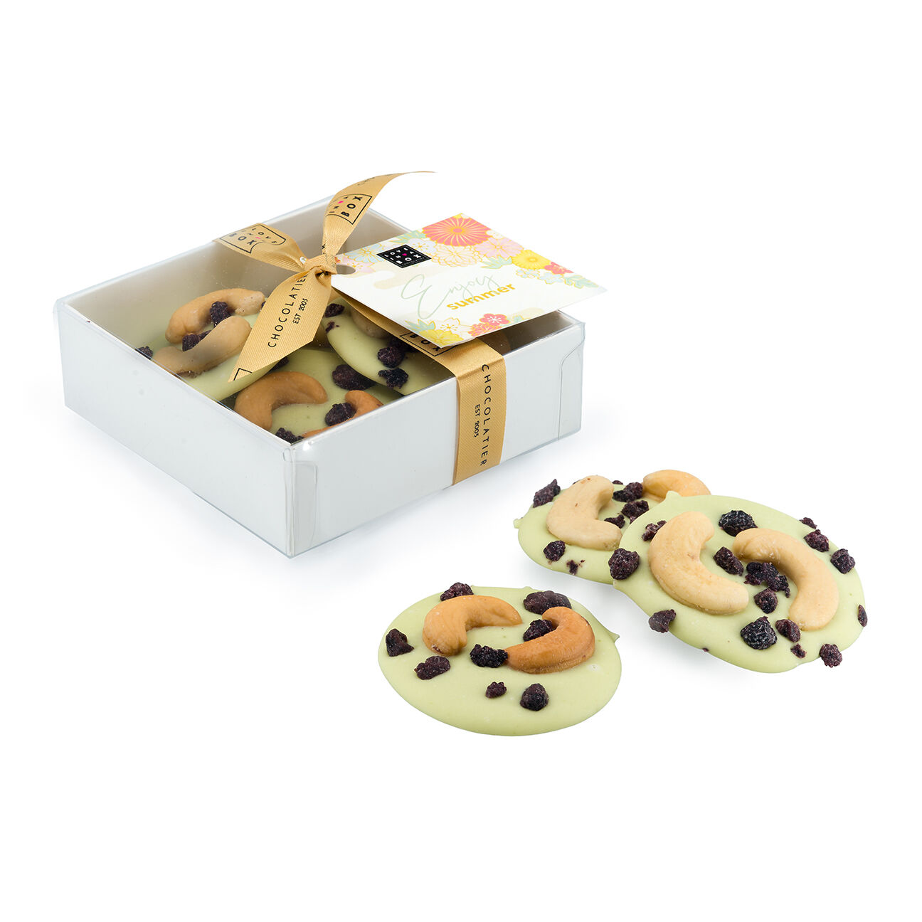 Chocolate Mendiants Matcha Cashew Blueberry White - luxury handmade mendiants with matcha, cashew and blueberry