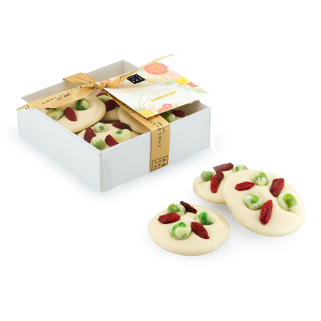 Chocolate Mendiants Wasabi & Goji Berries White - Luxury handmade mendiants wasabi and goji berries