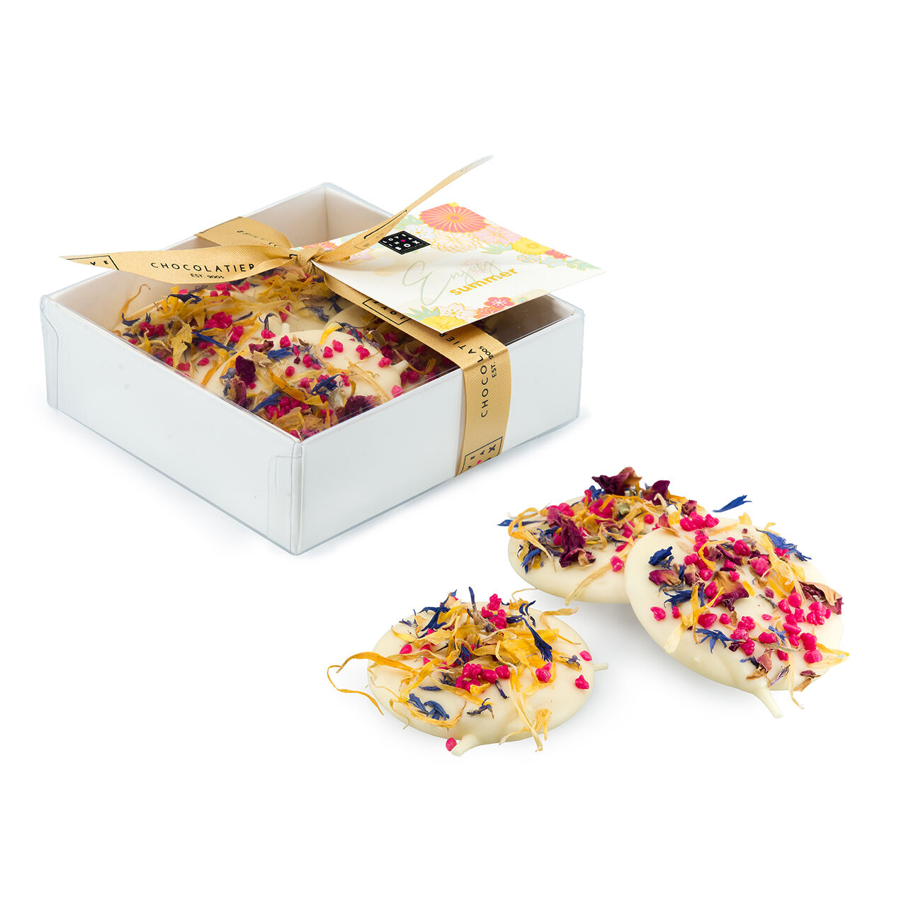 Chocolate Mendiants Flowers White - Luxury handmade white chocolate mendiants with flowers