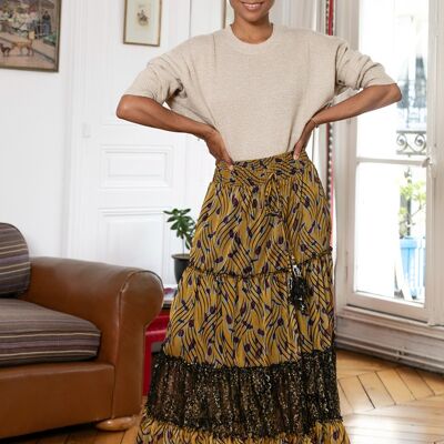 Flowy pleated printed skirt with bells-trimmed drawstring