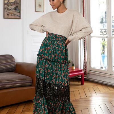 Flowy pleated printed skirt with bells-trimmed drawstring