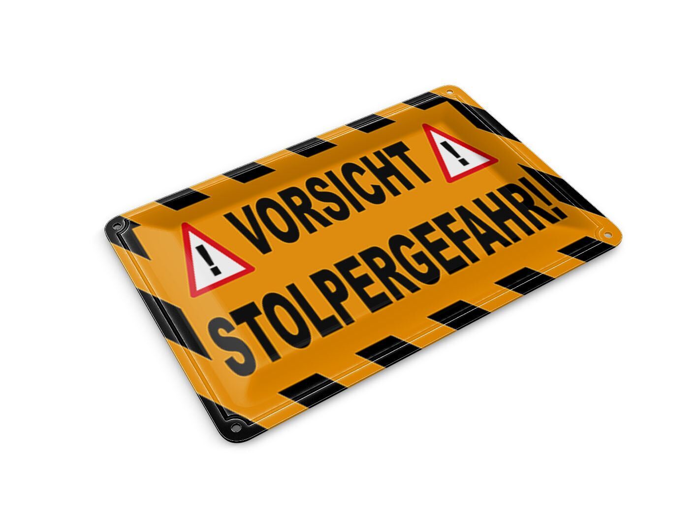 Tin postcard, warning, 14x10 cm, caution, tripping hazard, exclamation mark sign