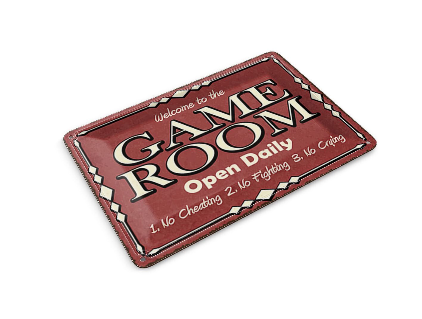 Tin postcard with saying, 10x14 cm, "Game room open daily", red decorative sign