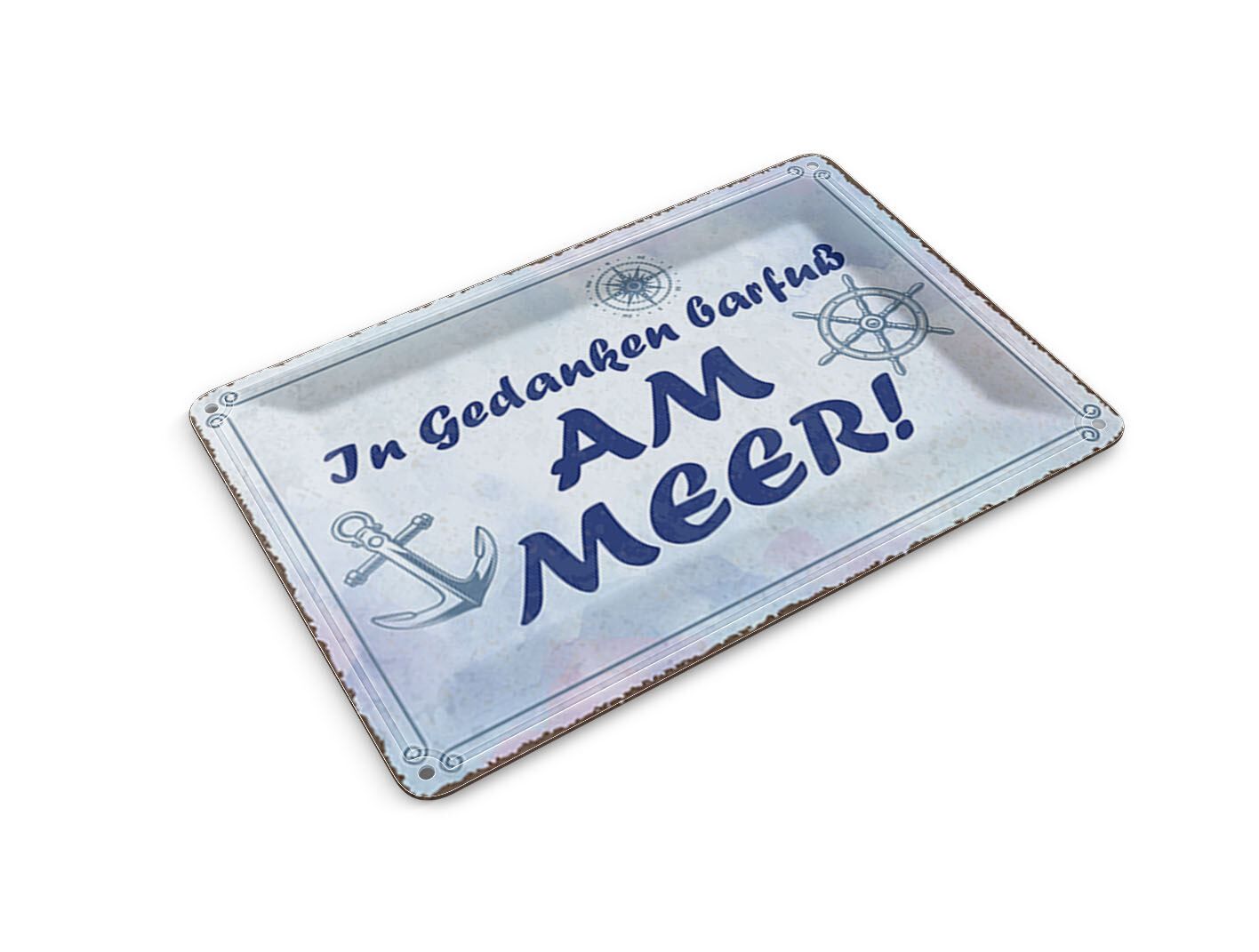 Tin postcard with saying, 10x14 cm: "Thinking of myself barefoot by the sea," anchor, decorative sign