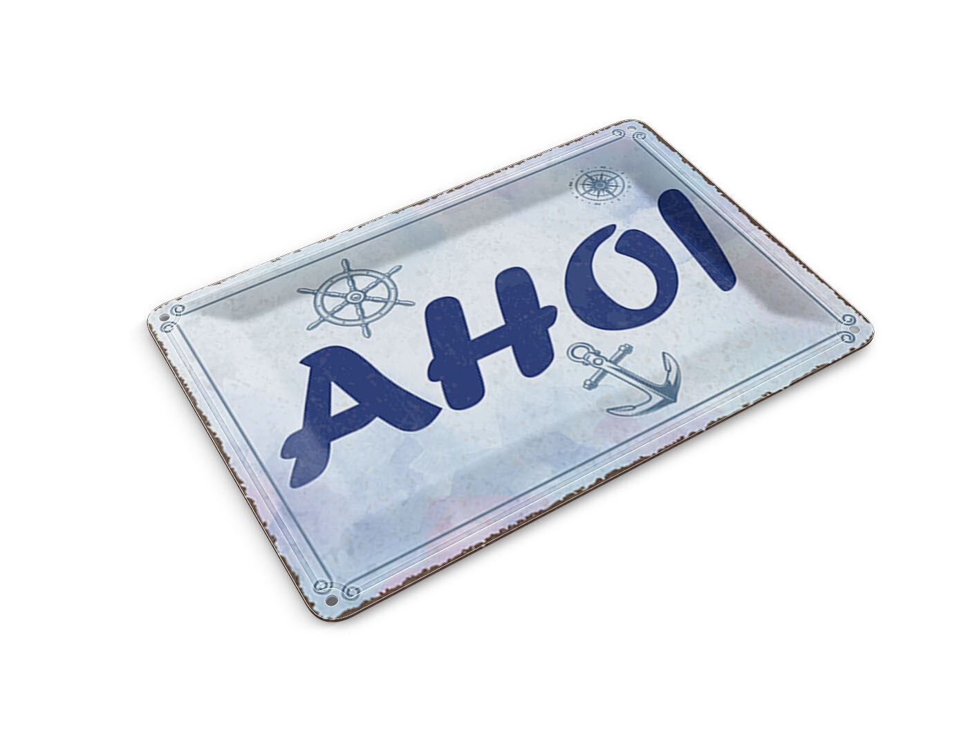 Tin postcard with saying, 10x14 cm, Ahoy, anchor, steering wheel, compass, decorative sign