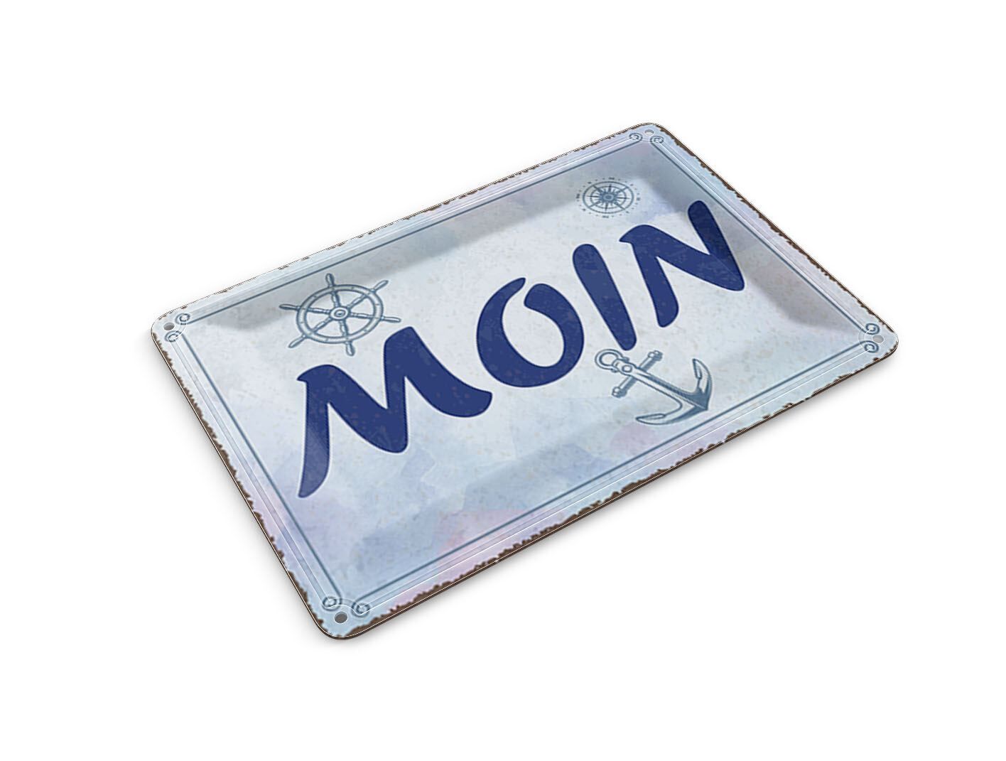 Tin postcard with saying, 10x14 cm, "Moin" (Hello), anchor, steering wheel, compass, decorative sign