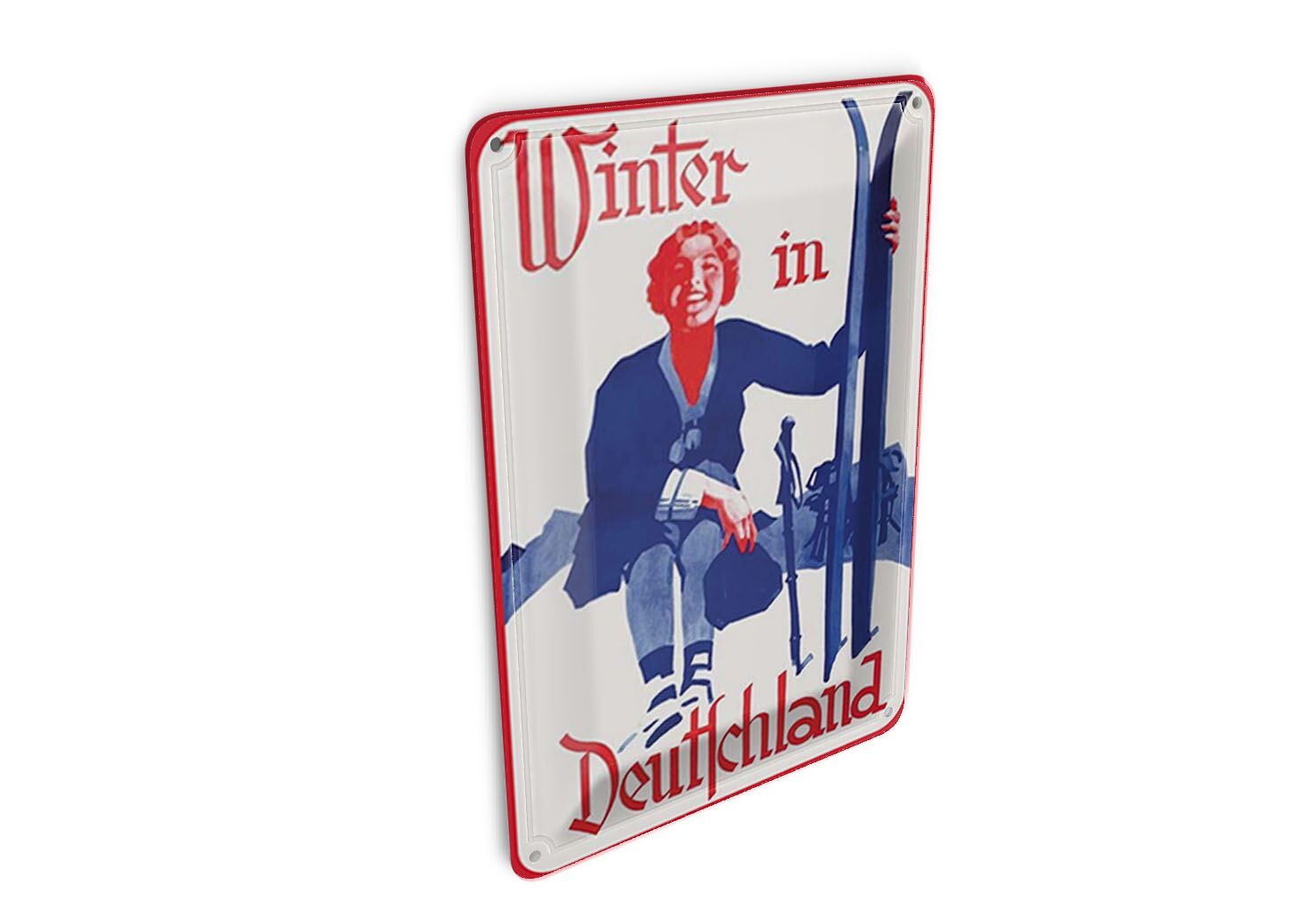 Carte postale en métal, voyage, 10 x 14 cm, hiver en Allemagne, femme à skis, panneau décoratif