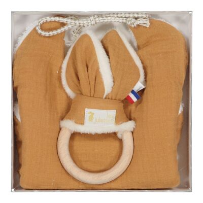 Birth box birth bib + Montessori rabbit ear teething ring - Caramel wooden toy