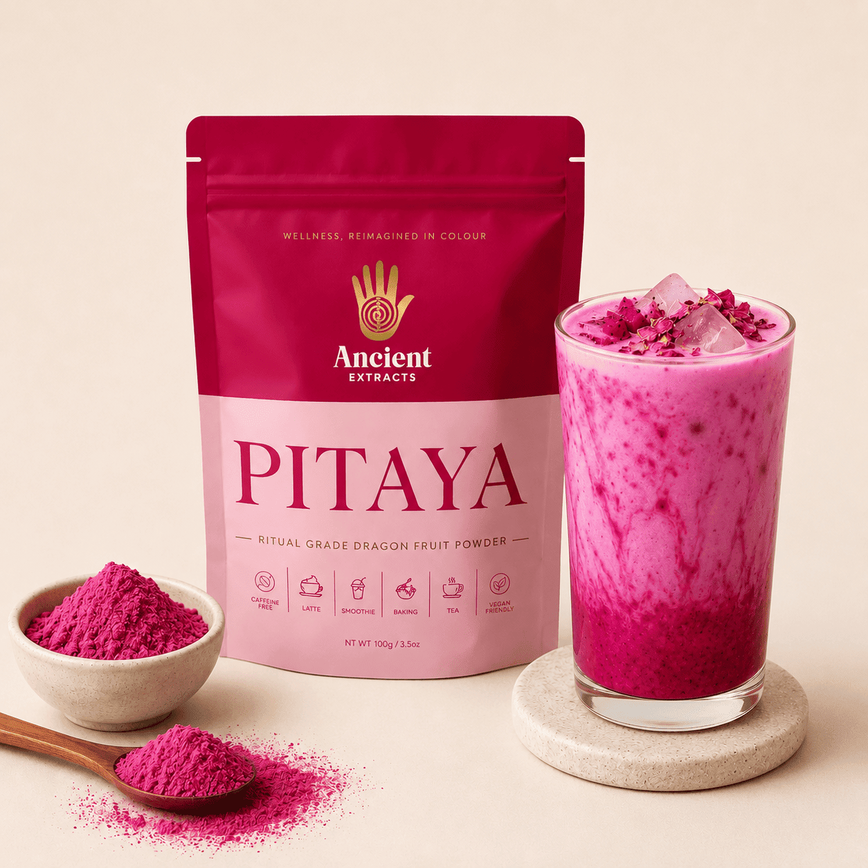 Ancient Extracts Pitaya Dragon Fruit Powder | Suitable for Lattes, Smoothies & Baking | 100g Pitaya