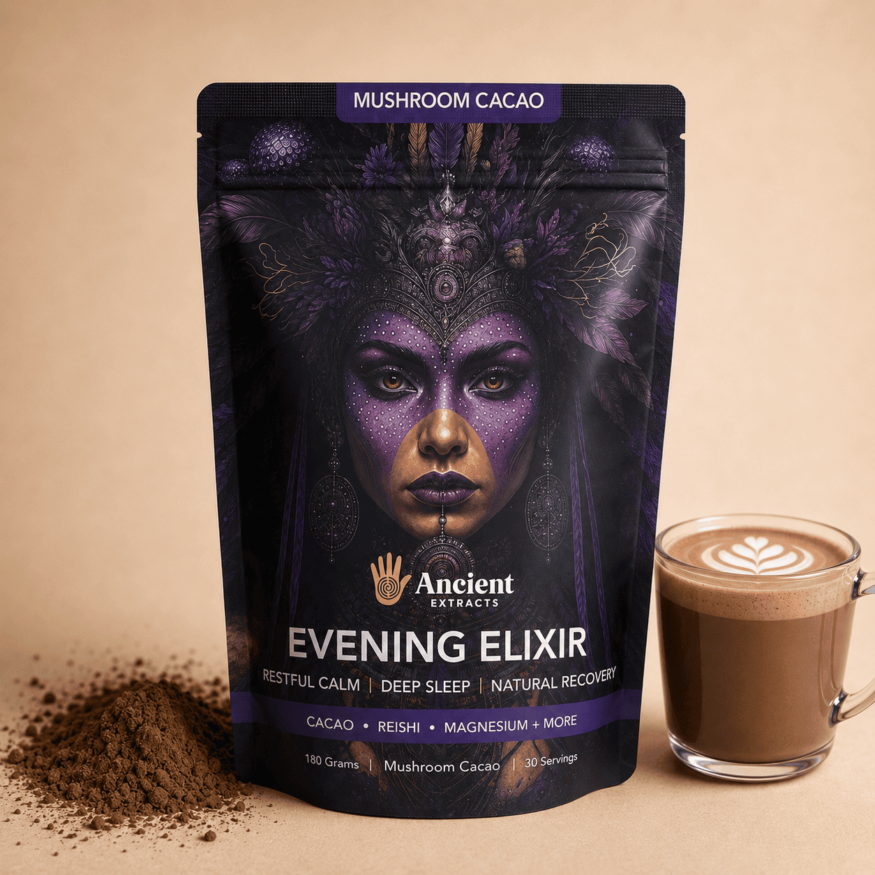 Ancient Extracts Mushroom Cacao | Hot Chocolate Alternative | 30 Servings