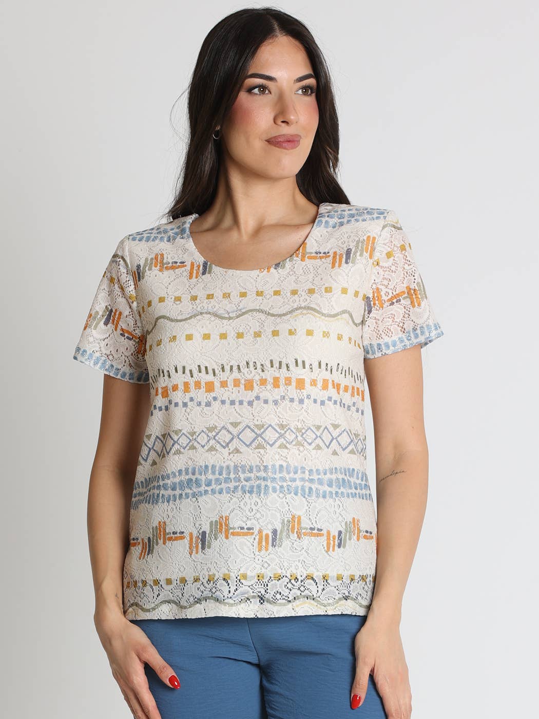 383092N T-shirt LACE PRINTED T-SHIRT WITH BORDERS