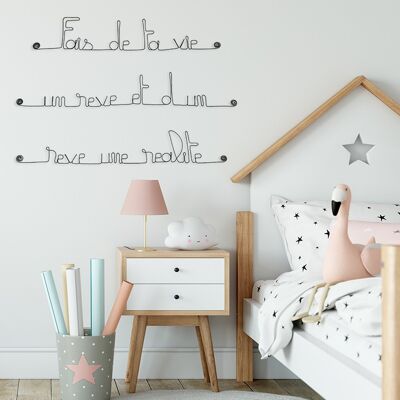 Decoración de pared de dormitorio - Cita "Haz de tu vida un sueño y un sueño una realidad" en alambre para fijar - Joyería de pared