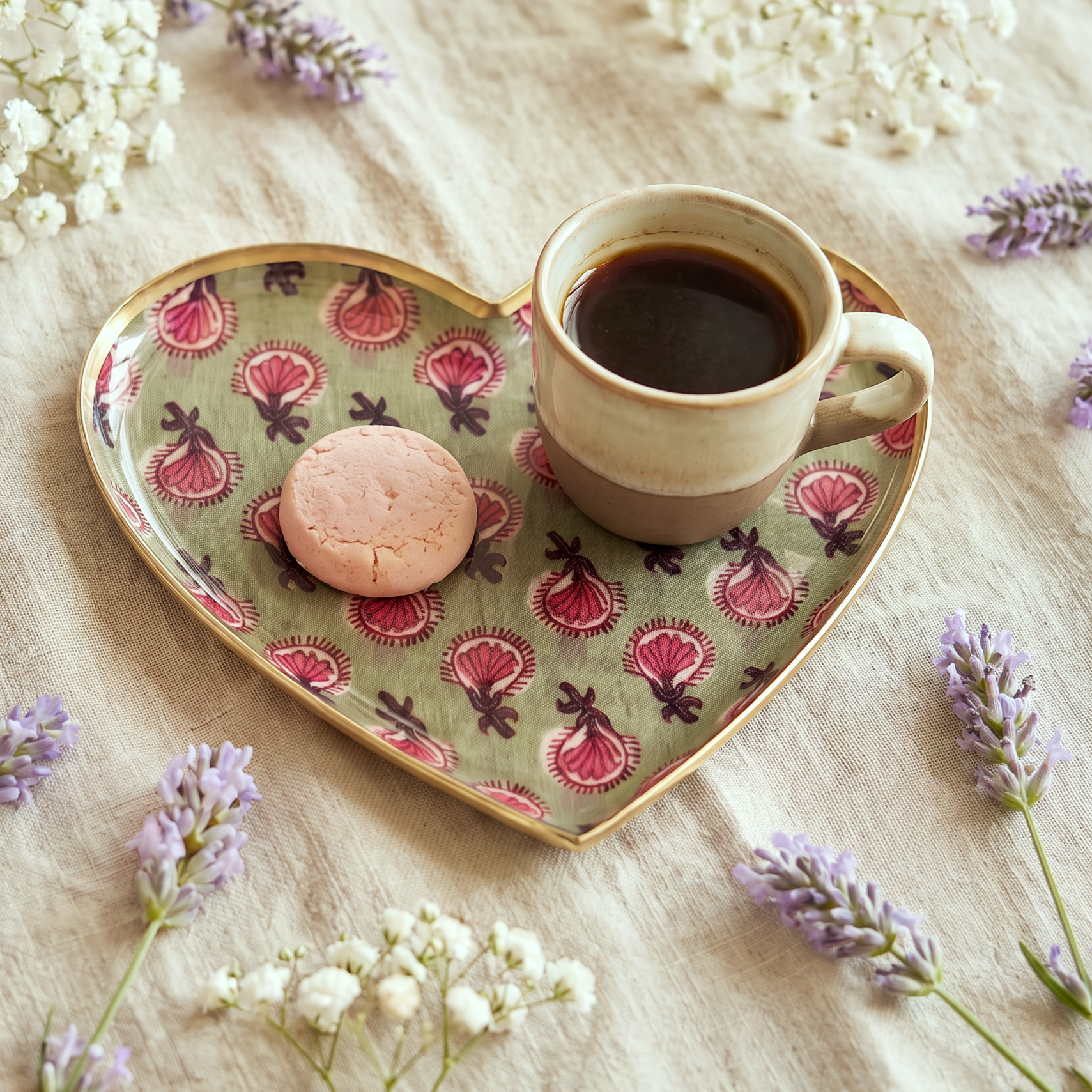 Heart-shaped "Chaumont" tray in enameled metal with a gold rim