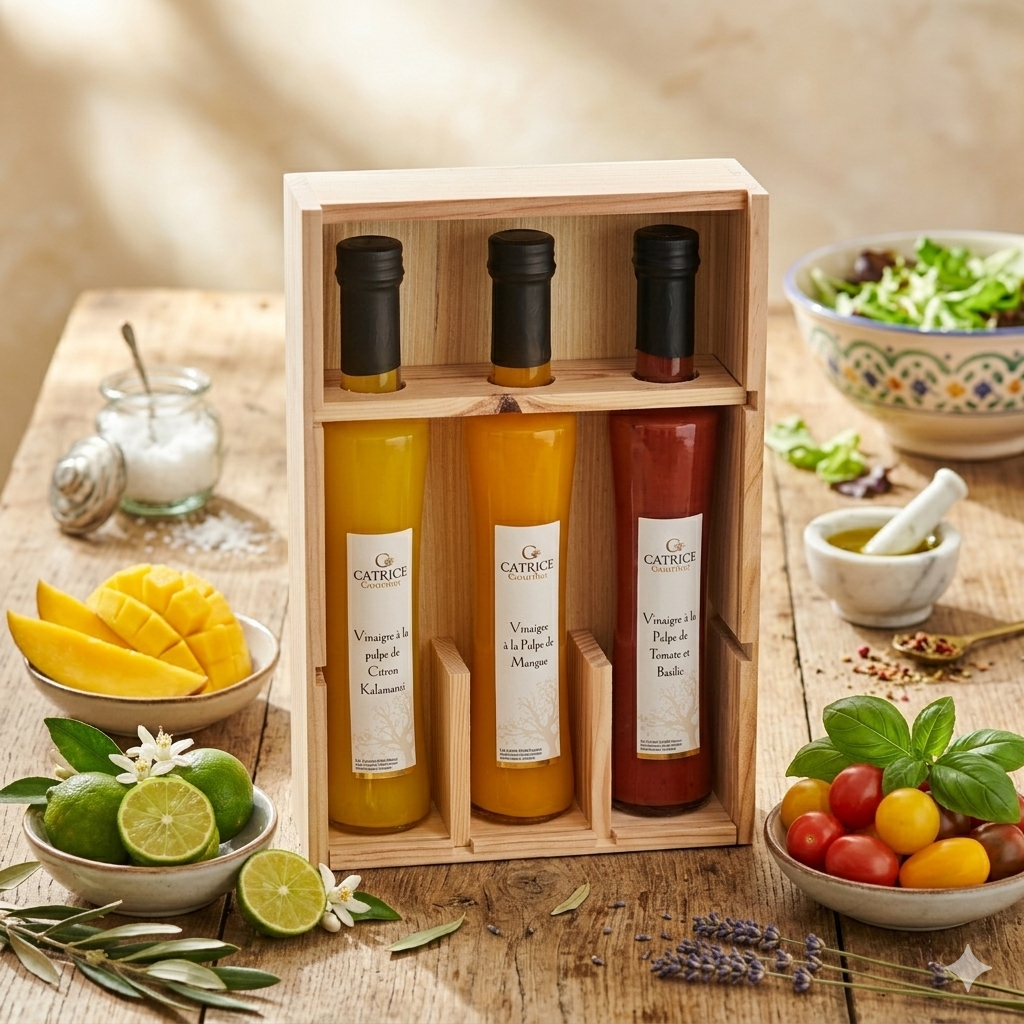 Wooden Discovery Box with 3 Fruit Pulp Vinegars