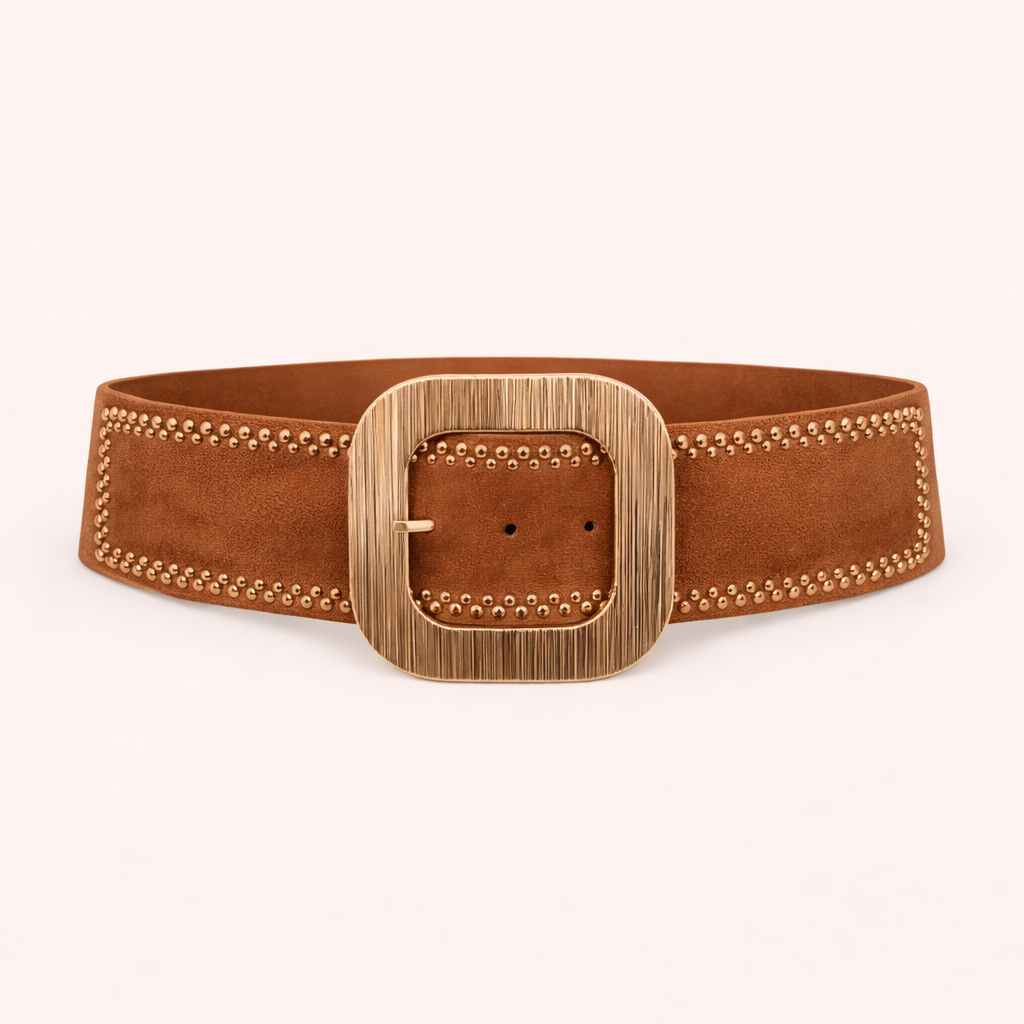 Cinturón elástico de ante marrón con hebilla dorada grande | Ajustable Talla M-L