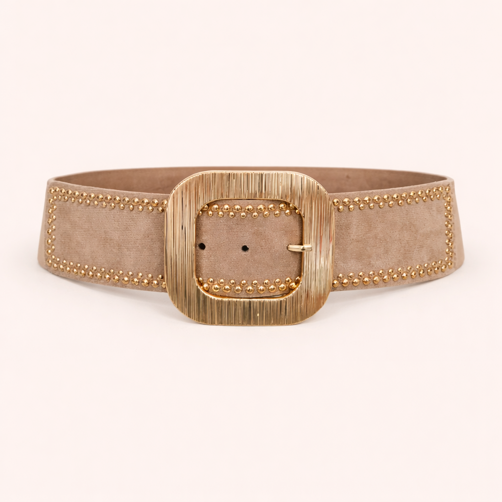 Cinturón elástico de ante beige con hebilla dorada grande | Ajustable Talla M-L