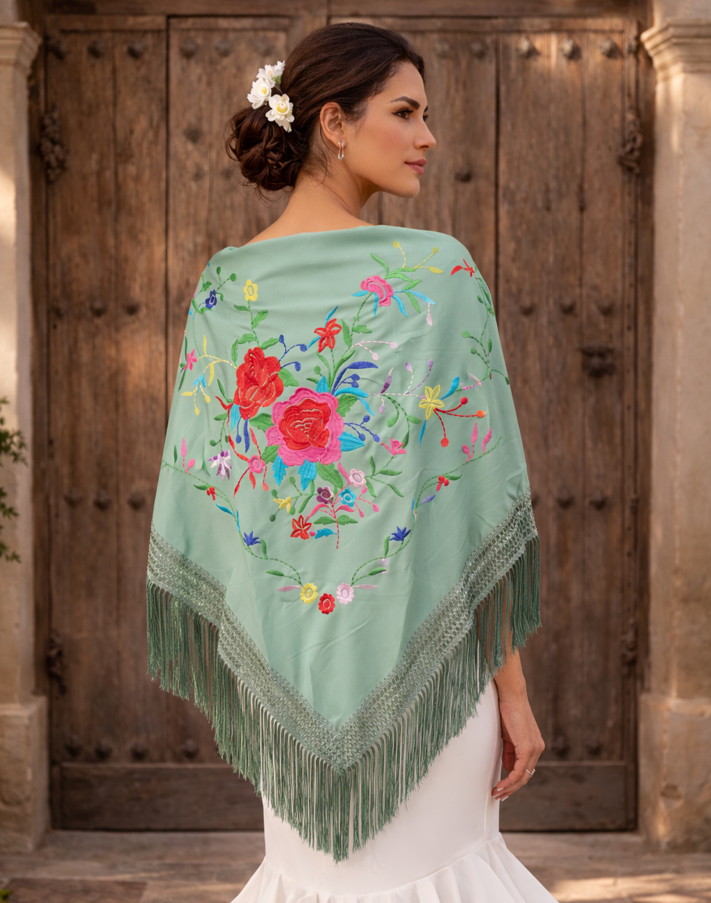 Mantón Flamenco Grande Bordado · Verde Jabonoso Multicolor Floral (160 x 85 cm)