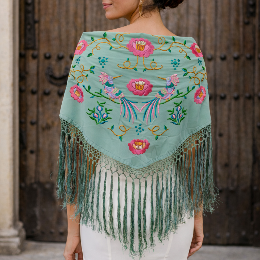 Mantón Flamenco Bordado Premium · Verde Jabonoso Multicolor (133 x 50 cm)