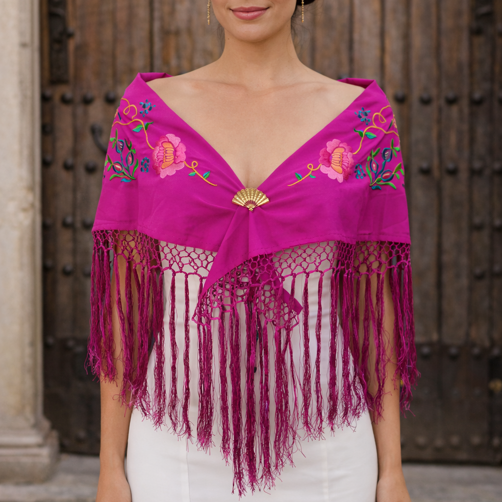 Mantón Flamenco Bordado Premium · Fucsia Multicolor (133 x 50 cm)