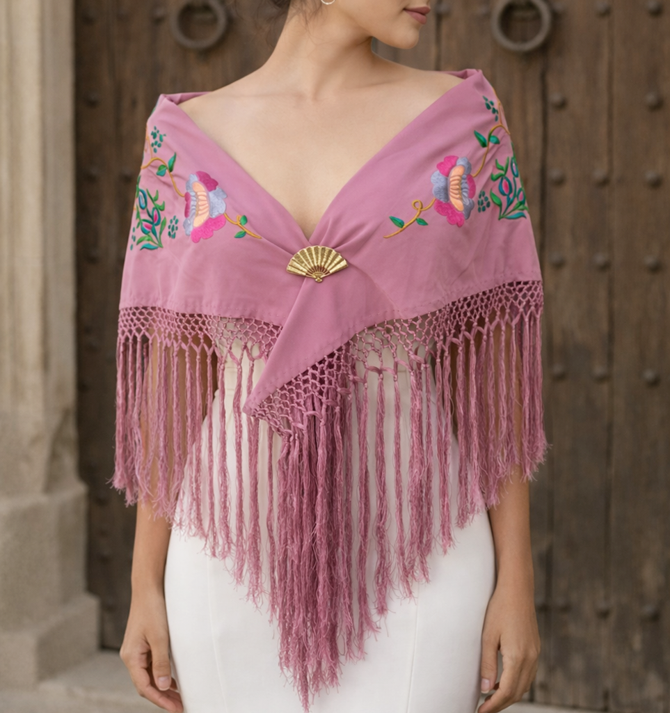 Mantón Flamenco Bordado Premium · Rosa Maquillaje Multicolor (133 x 50 cm)