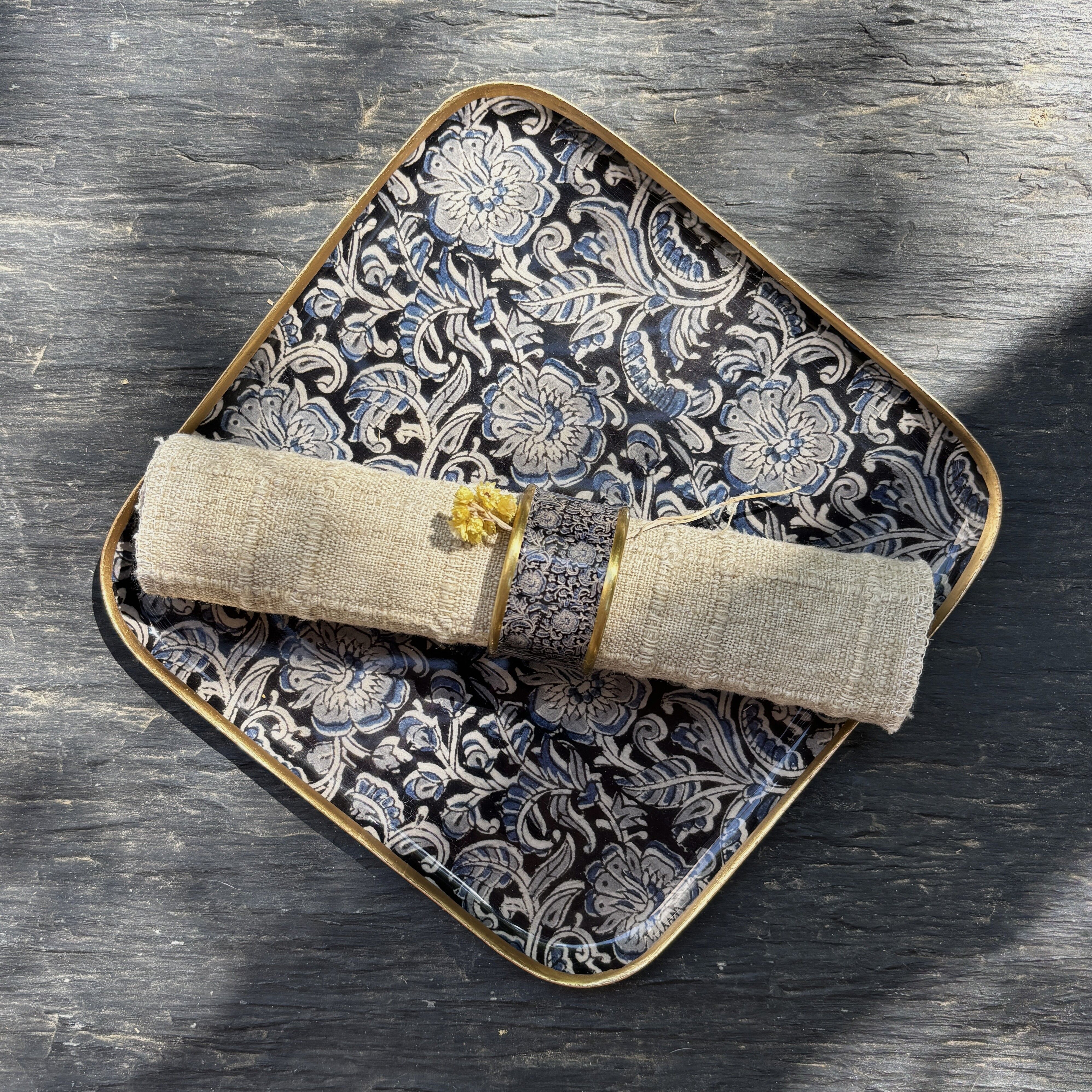 Kalamkari square tray, enameled metal, gold rim