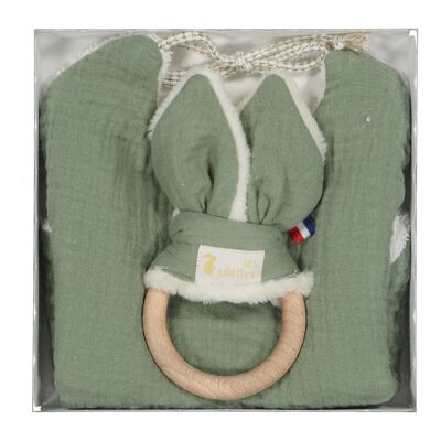 Bavaglino nascita + anello da dentizione orecchio di coniglio Montessori - Giocattolo in legno - Cachi