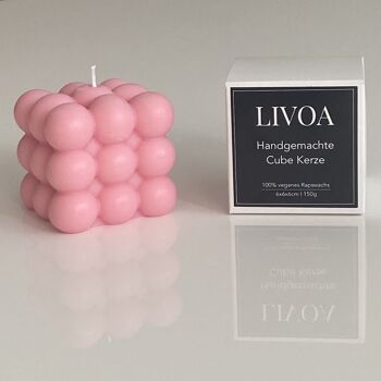 Bougie cube - faite à la main à partir de cire de colza en rose (Bubble Candle) 3