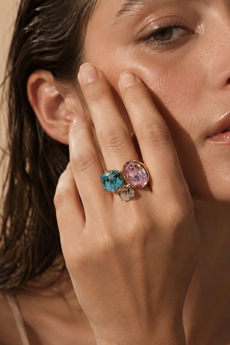 Bague trio de cristaux colorés en acier inoxydable 424AQ371