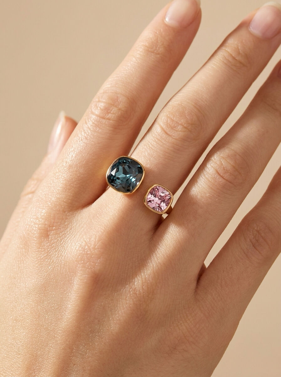 Bague ouverte à double cristal coloré en acier inoxydable 424AQ372