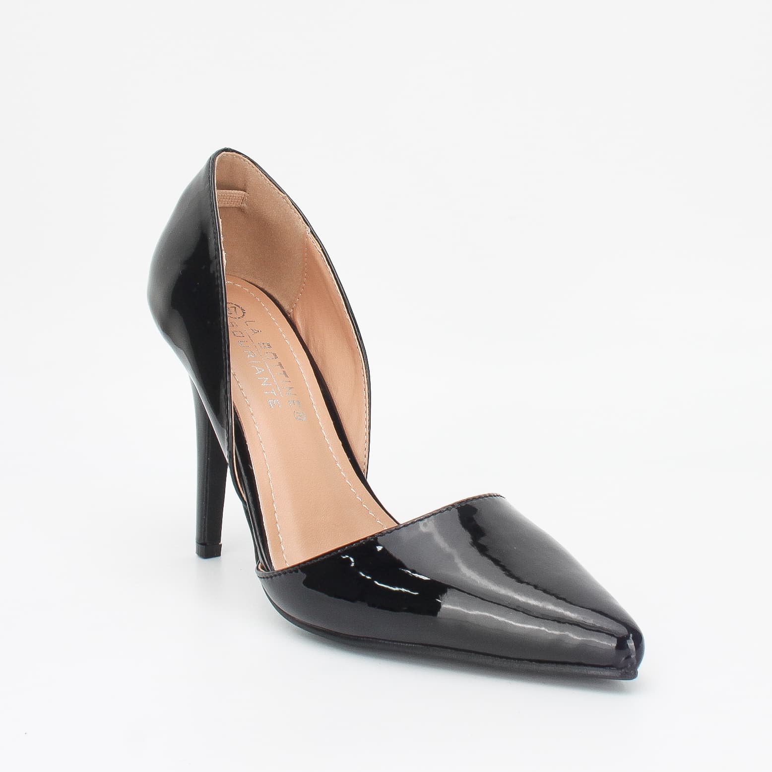 Women's pointed-toe heeled pumps with side cutouts and patent finish