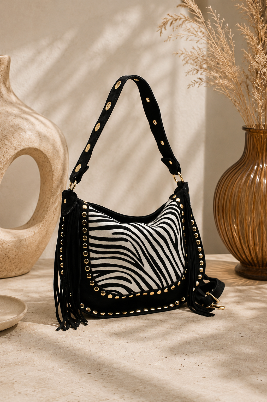 Genuine leather shoulder bag with animal print flap