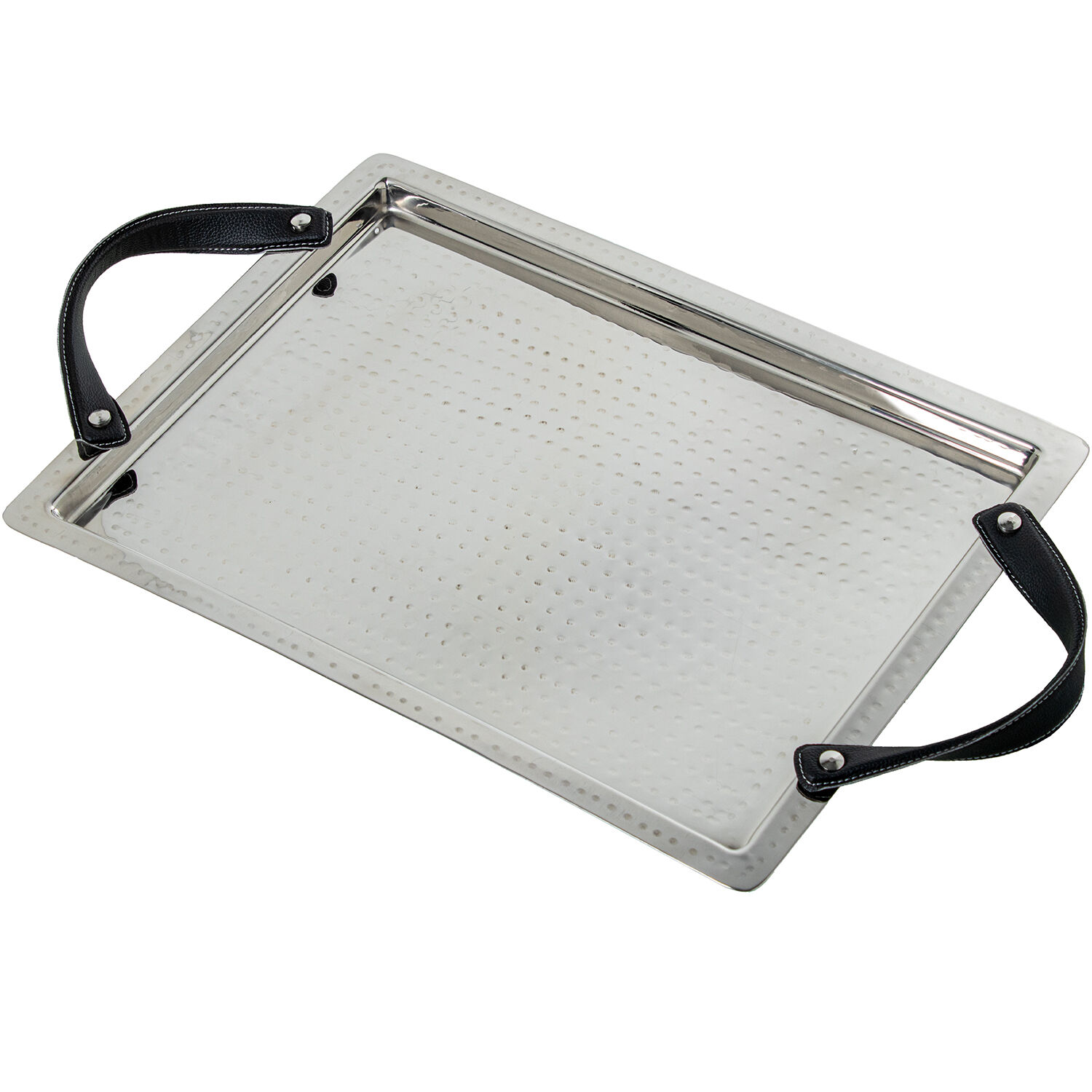 Stainless Steel TrayLeather Handles, Hammered Gloss 46X34X6cm Int:41X29cm