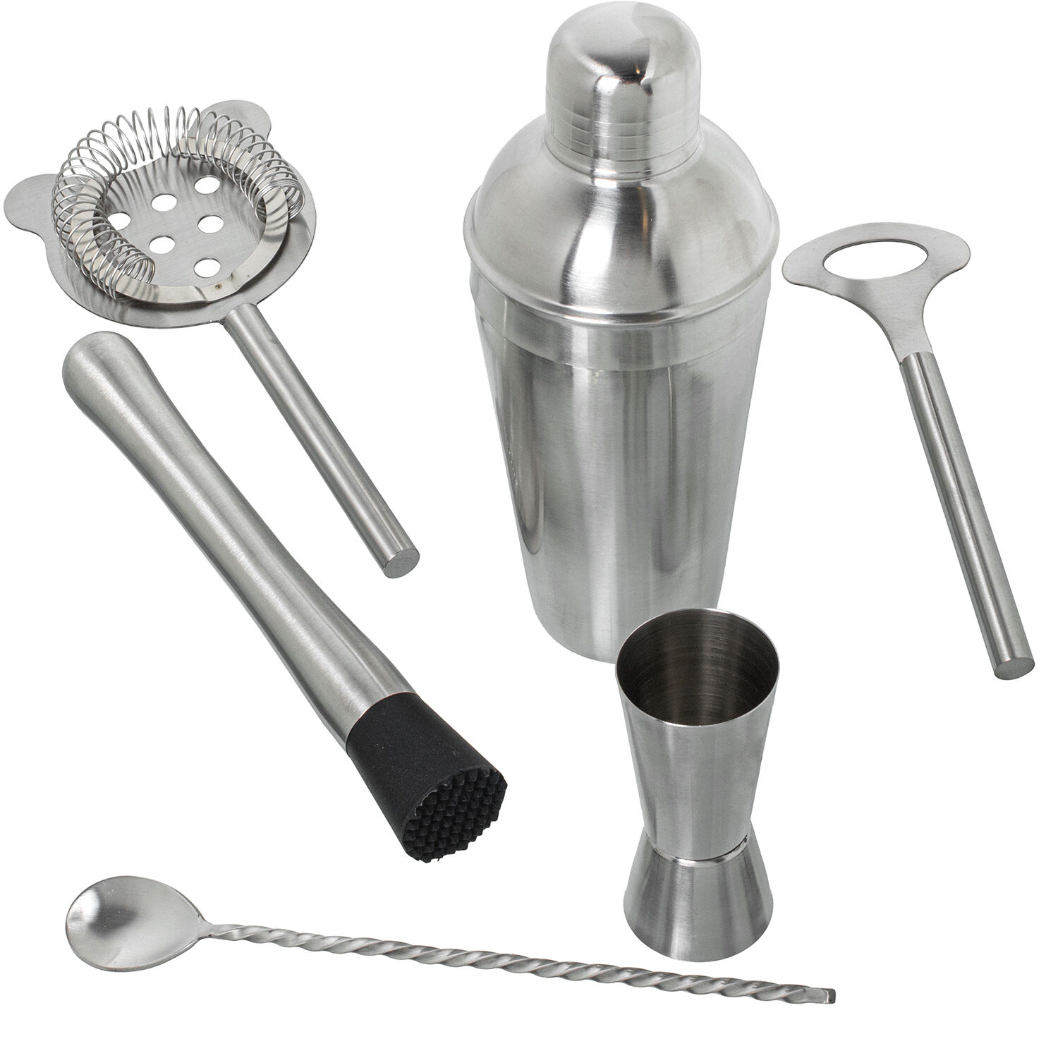 Set of 6 Stainless Steel Cocktail Utensils.Mate Cocktail Shaker 550ml, Spoon 28cm