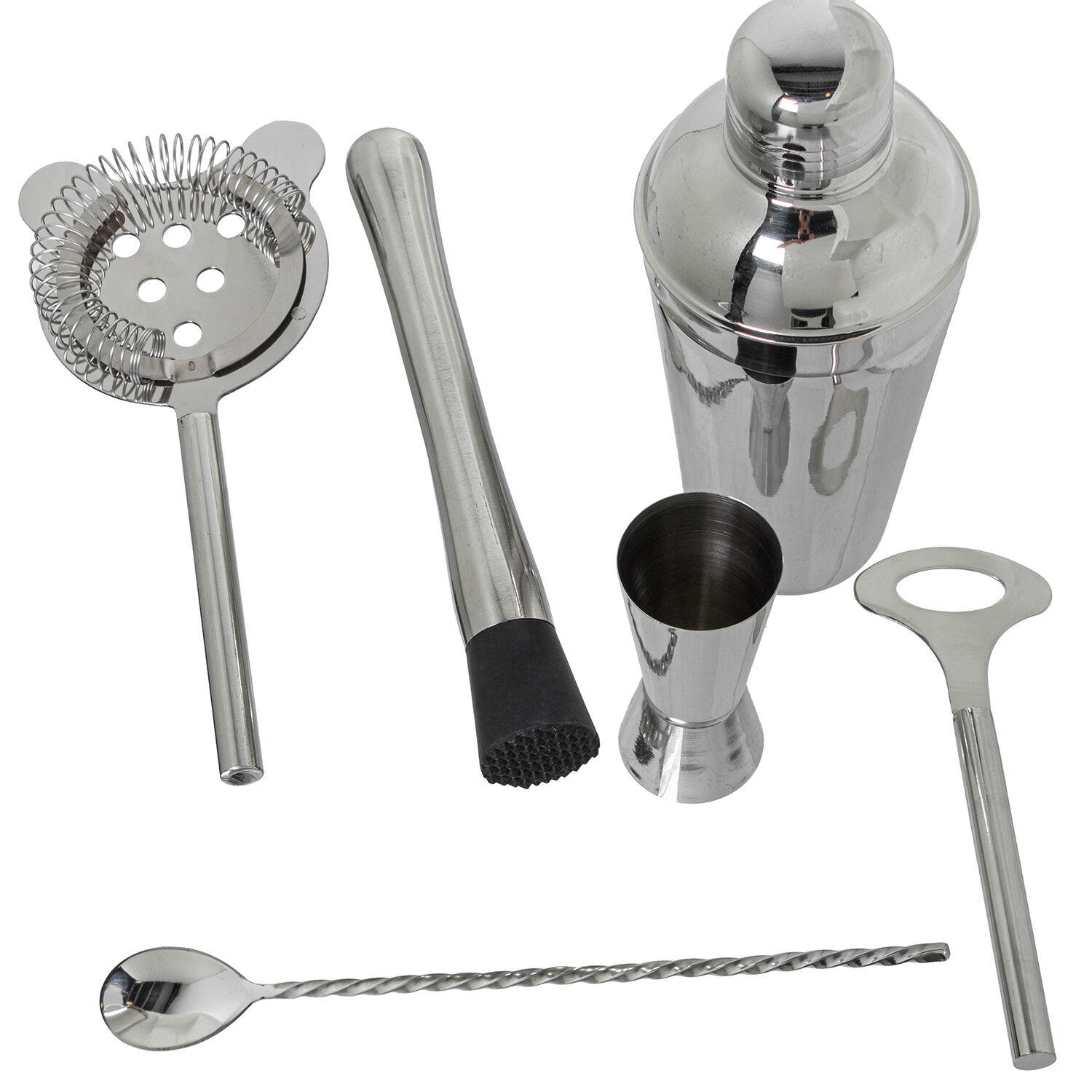 Set of 6 Stainless Steel Cocktail Utensils.Brillo Cocktail Shaker 550ml, Spoon 28cm