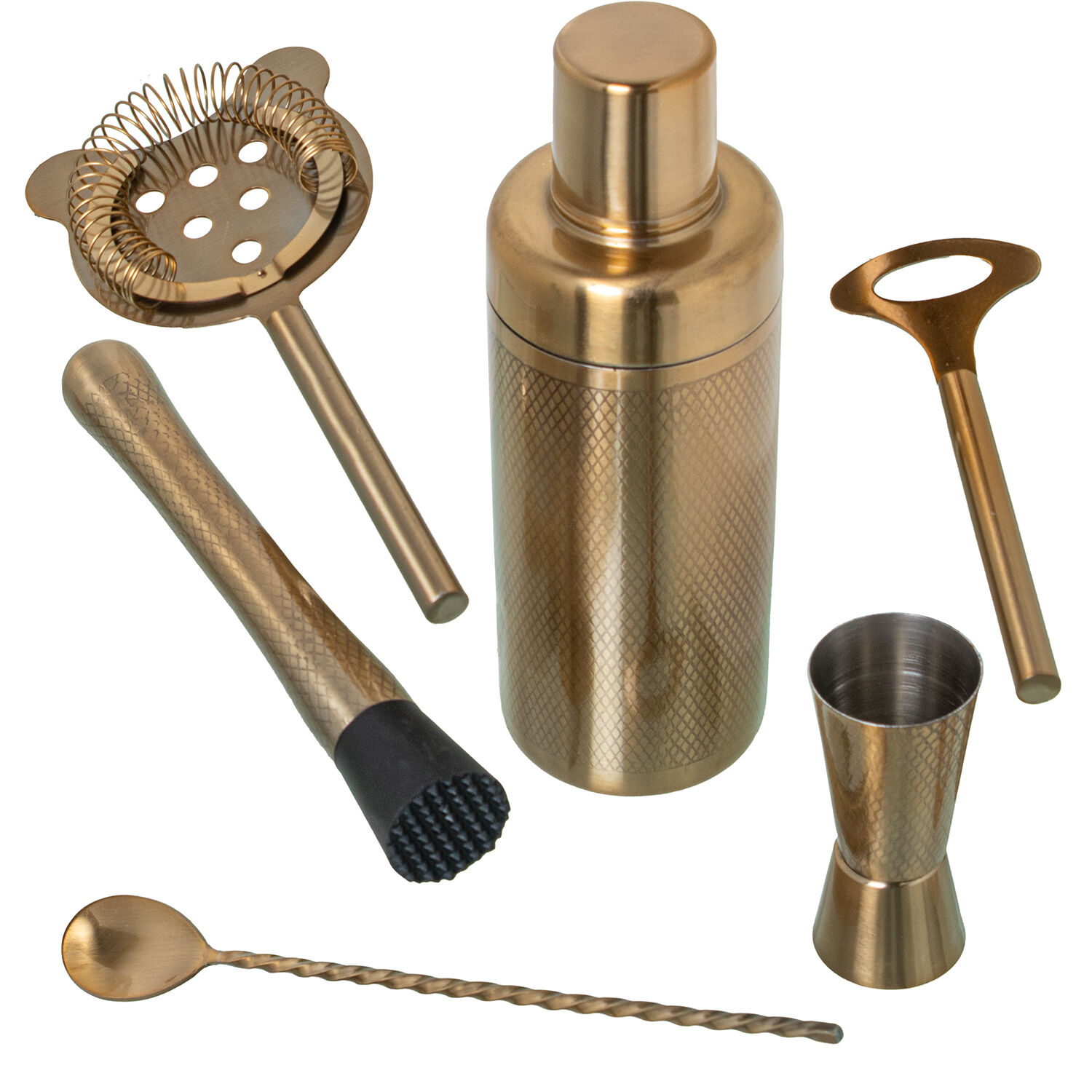 Set of 6 Stainless Steel Cocktail Utensils.Matte Gold Cocktail Shaker 550ml, Spoon 28cm