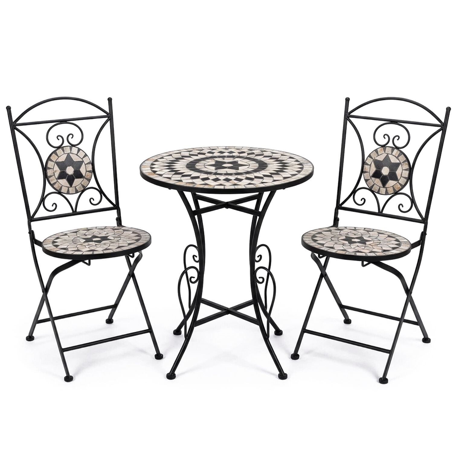 Set of Table and 2 Chairs Garden Stone/Metal Black +70142 60X72cm+38X38X92cm