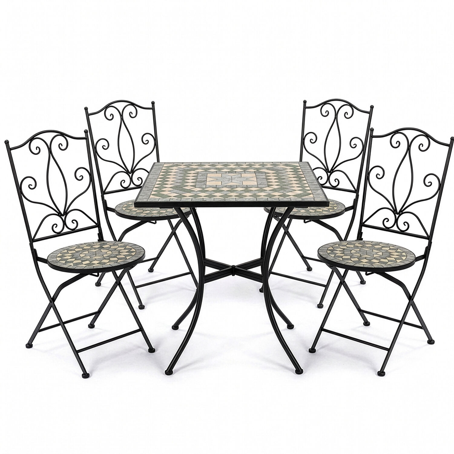 Set of Table and 4 Chairs Garden Stone/Metal Black +70168 70X70X72cm+38X38X92cm