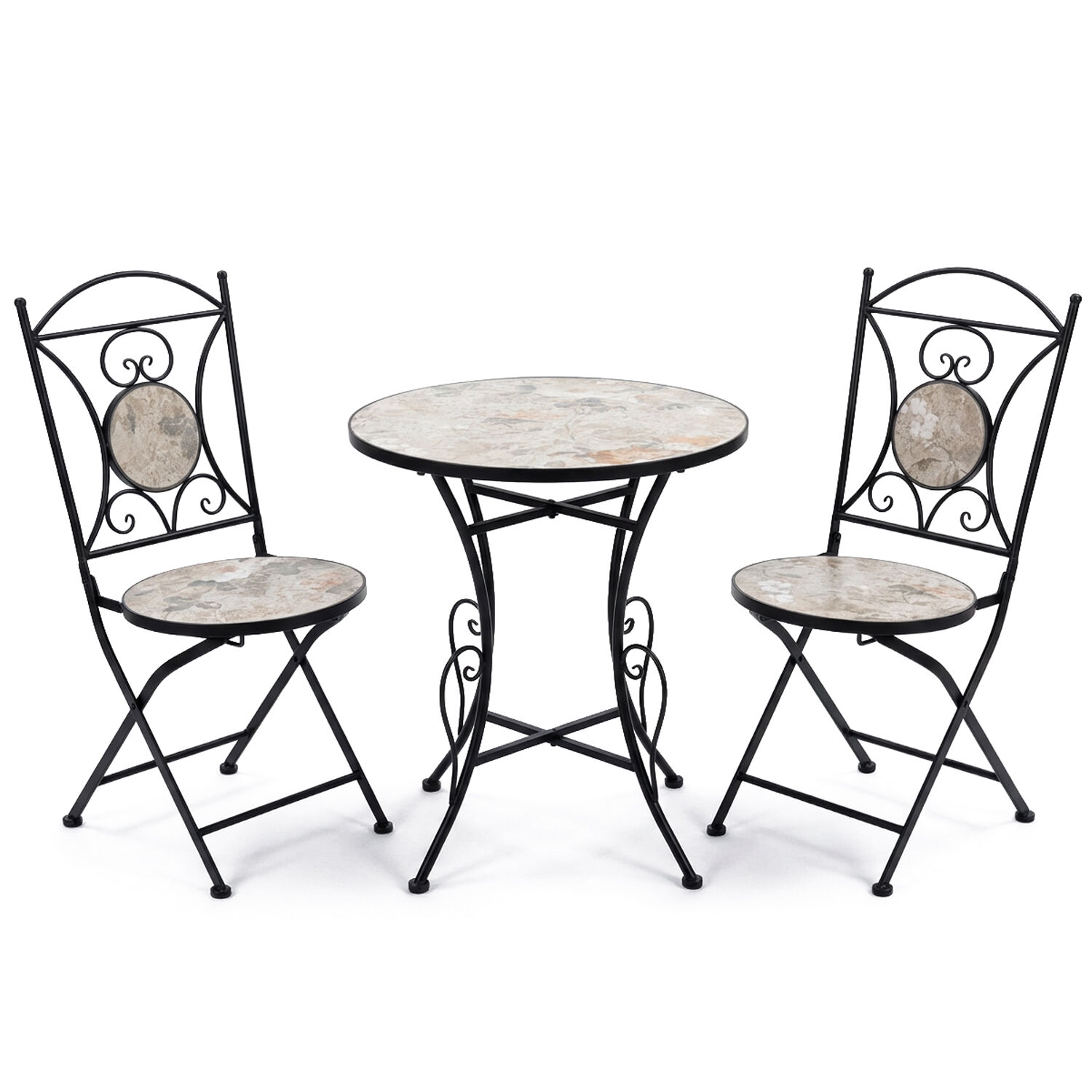 Set of Table and 2 Chairs Garden Stone/Metal Black +70158 60X72cm+38X38X92cm