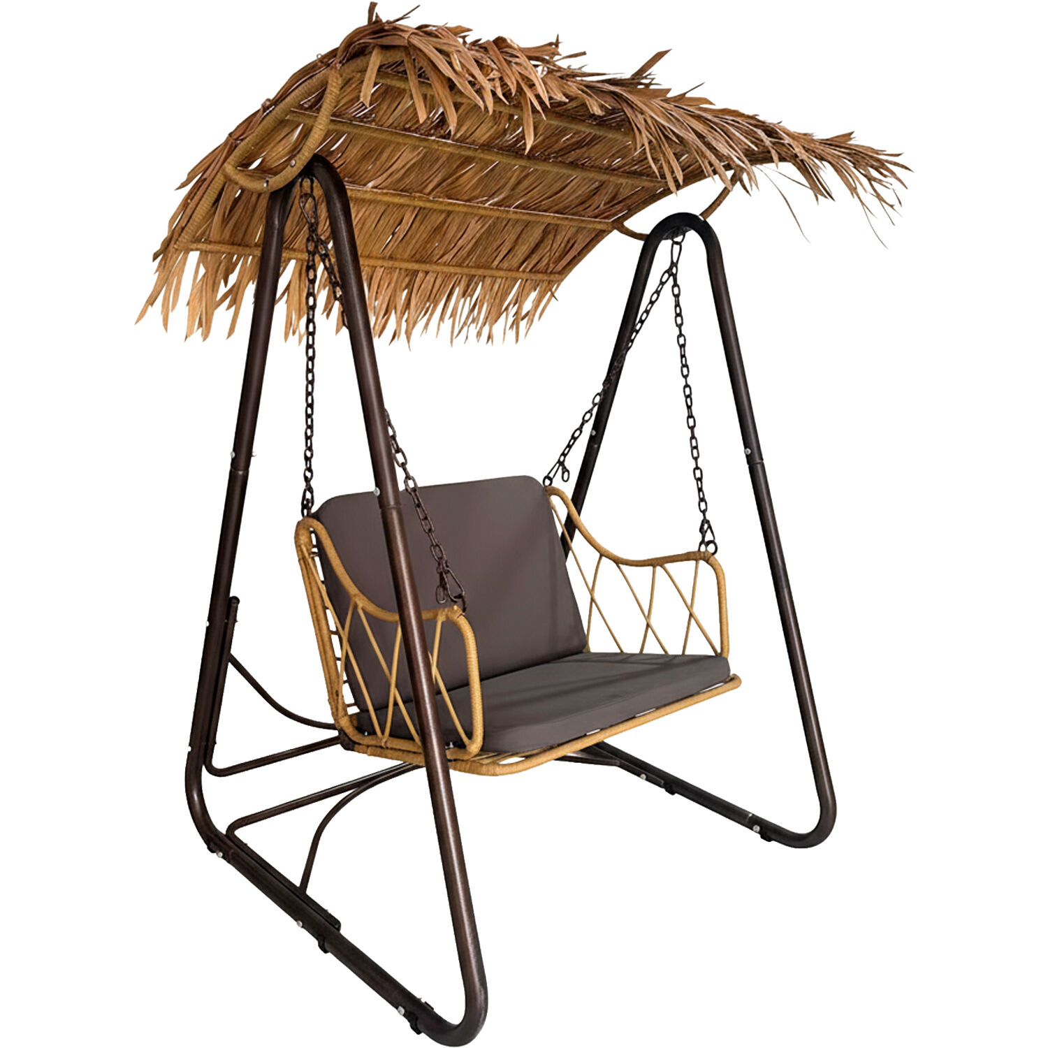 Black Metal Swing Set with Wicker Seat, 112x105x160cm; Chair: 80x69cm