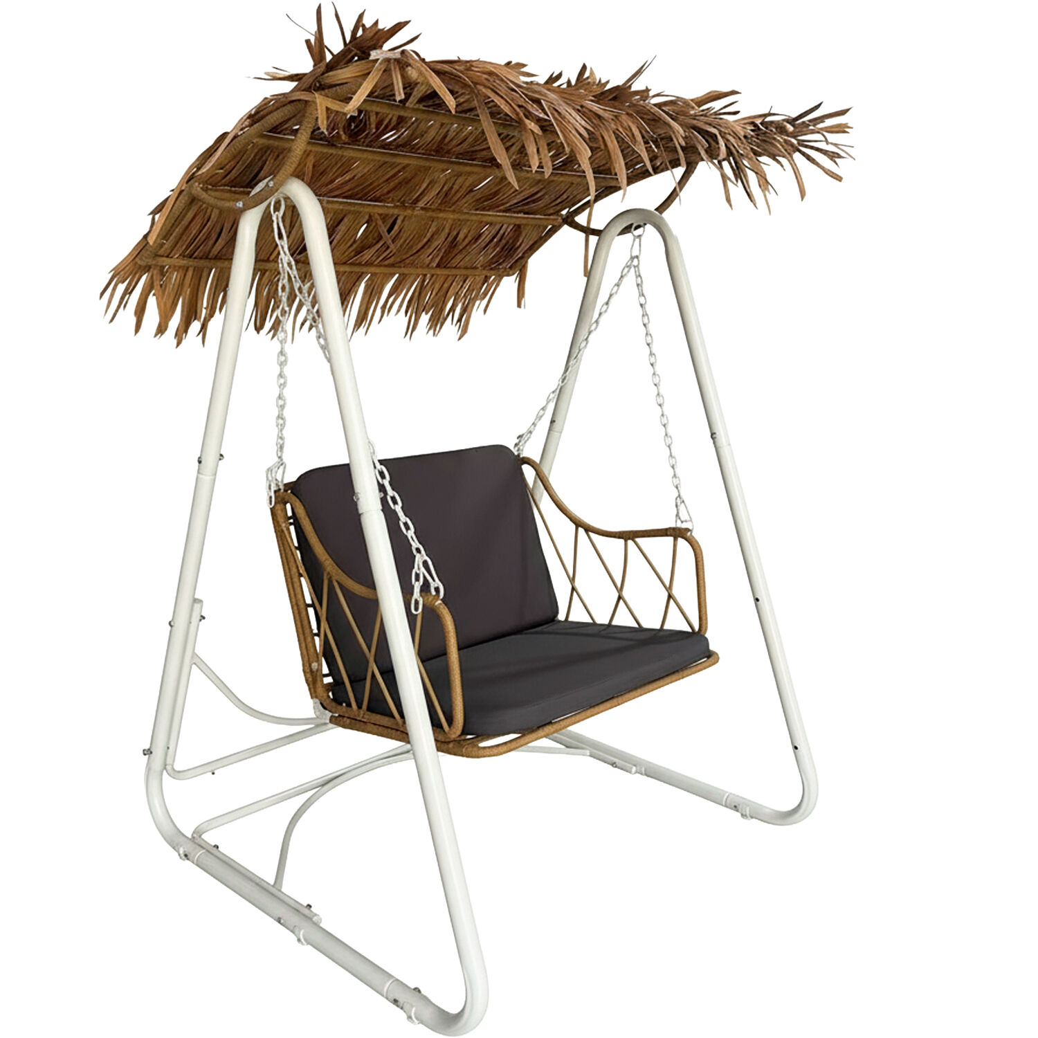 White Metal Swing Set with Wicker Seat: 112X105X160cm; Chair: 80X69cm