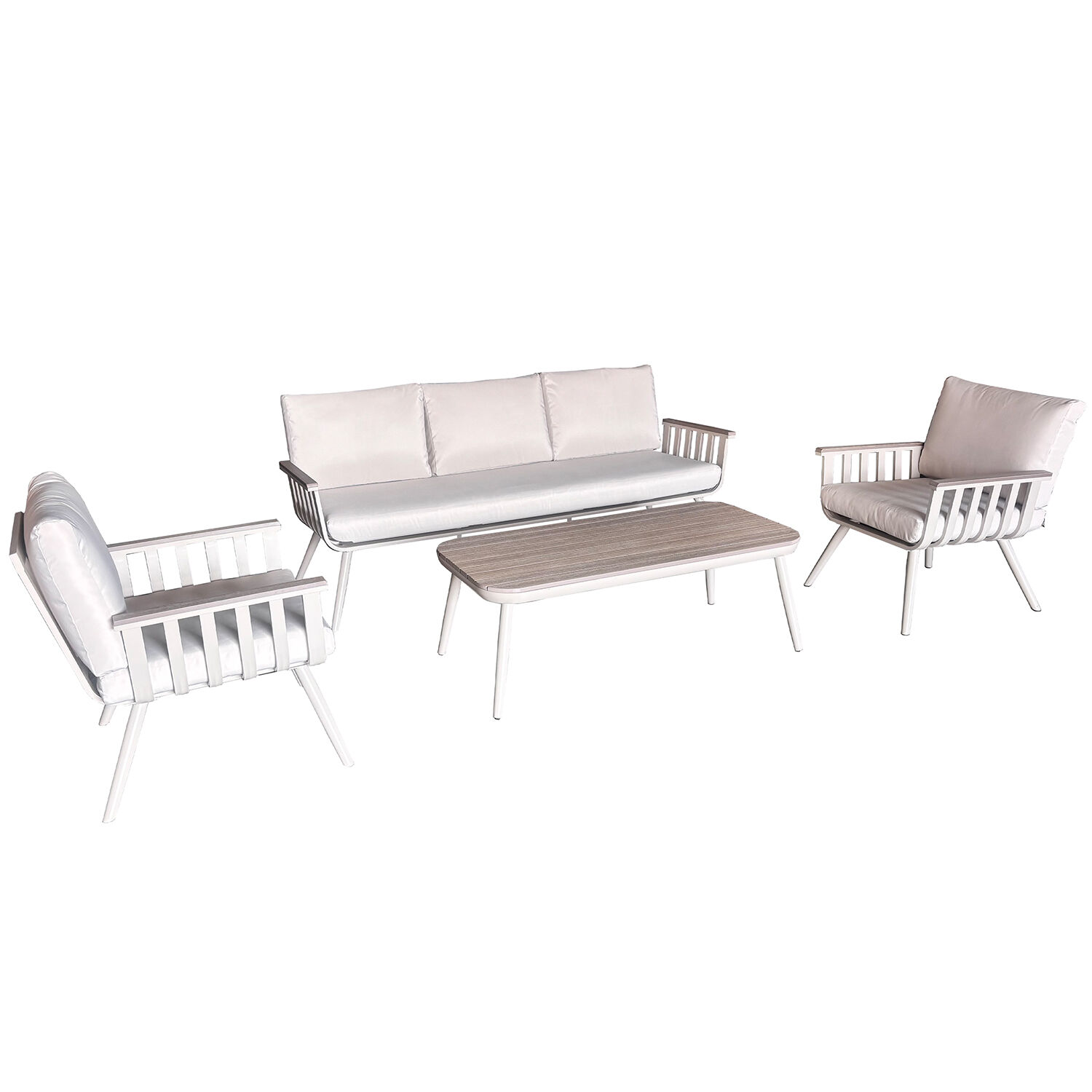 3-Seater Sofa Set + 2 Armchairs + Table, White Aluminum, 194X75X73, 68X75X73, 120X55X42
