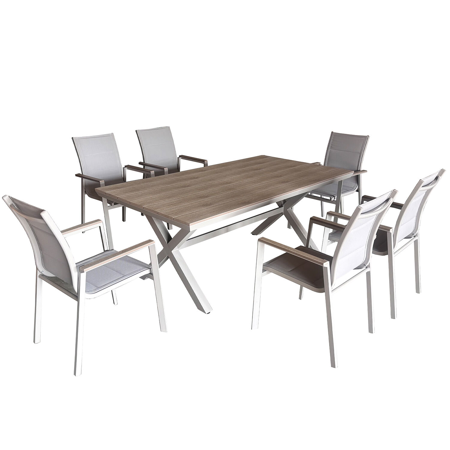 Outdoor Table and 6 Chairs Set, Taupe Aluminum with Wood Finish, 180X100X75cm / 64X55X91cm