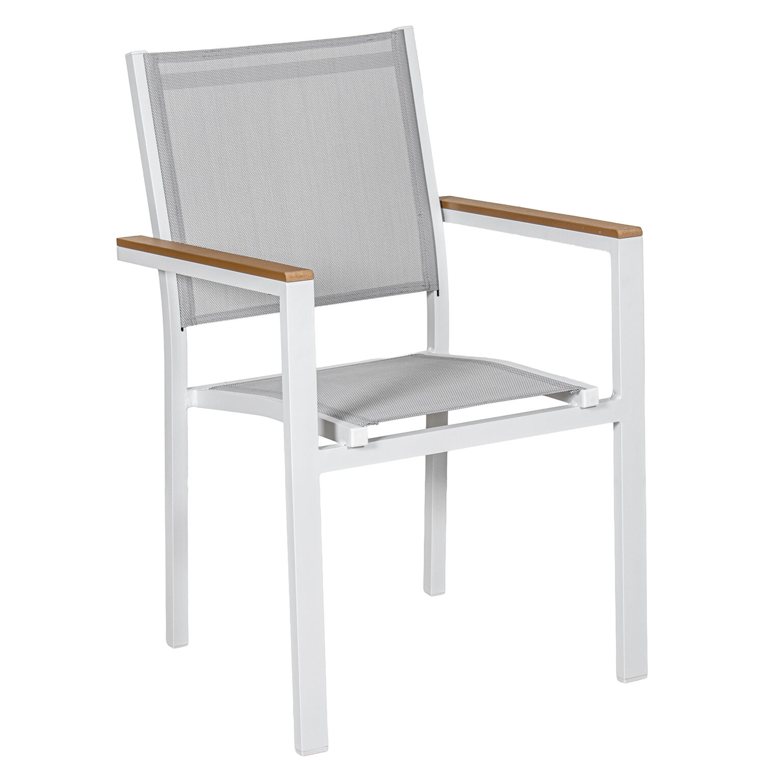 White Aluminum Chair with Gray Textilene Wood Finish, Stackable, 50x60x86cm