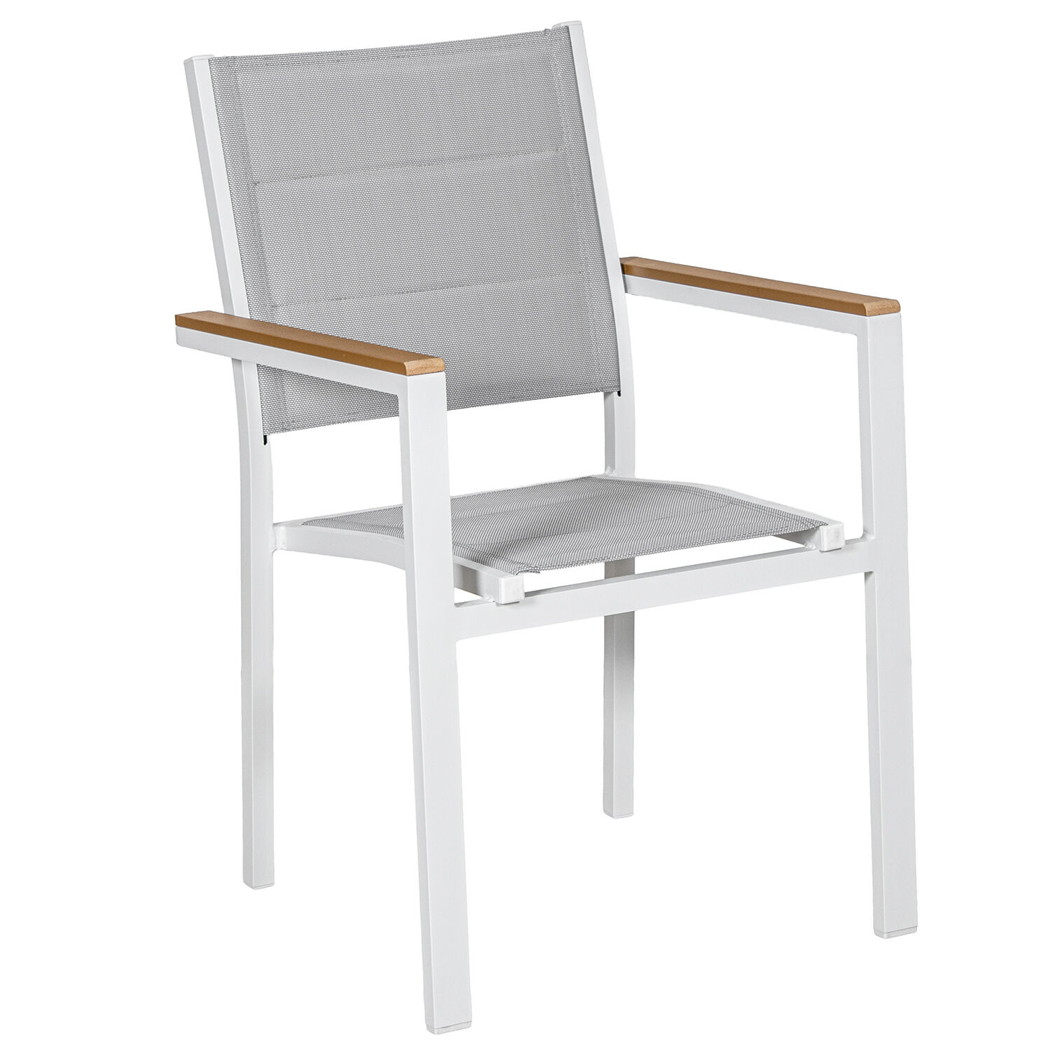 Padded Chair, White Aluminum, Gray Textilene, Wood Finish, 50x60x86cm, Stackable