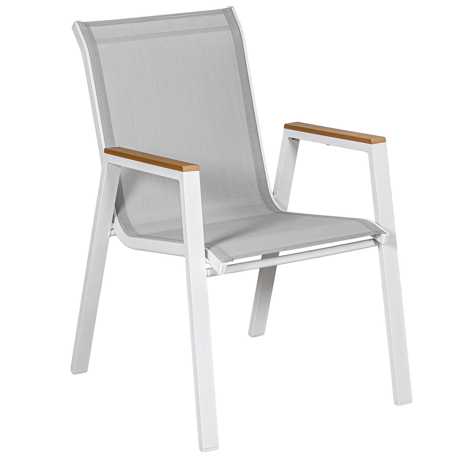White Aluminum Chair with Gray Textilene Wood Finish, Stackable, 55X73X90cm