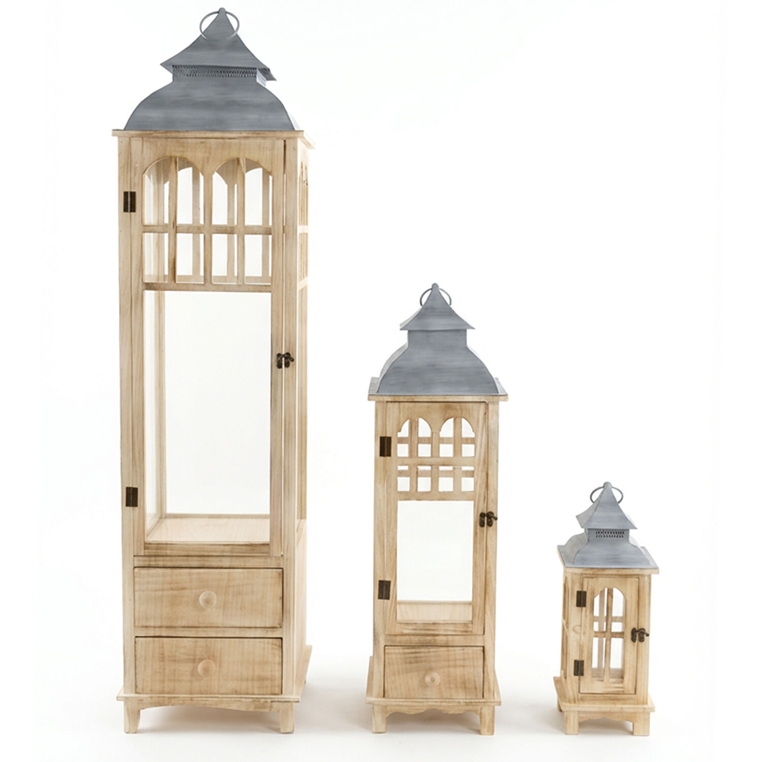 Set of 3 Natural Wood Lanterns Metal Top 32X32X129+24X24X77+16X16X42cm